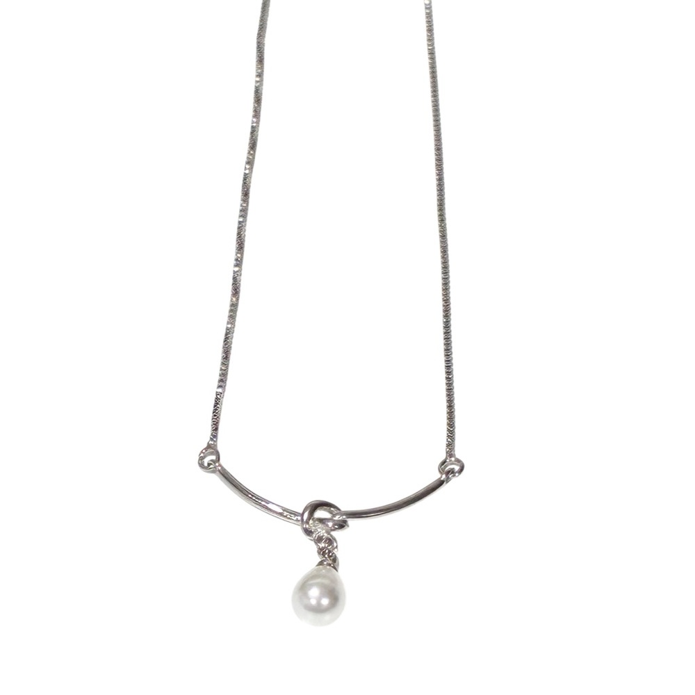 925 Sterling Silver Love Knot Bar‎ Pearl Hanging Necklace Jewelry